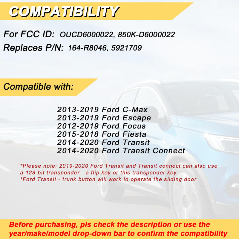 Vurkcy Key Fob Replacement for 2012-2019 Ford Focus/Escape C-Max/Fiesta/Transit Car Keyless Entry Remote Control, OUCD6000022 164-R8046, 4-Btn, 2Pcs