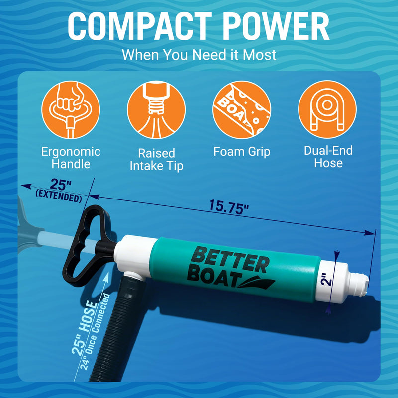 Manual Bilge Pump for Kayak Canoe Dinghy, Handheld Siphon Bailer with 24 Inch Hose, Floats if Dropped Overboard, Portable Hand Pump, Teal - Better Boat