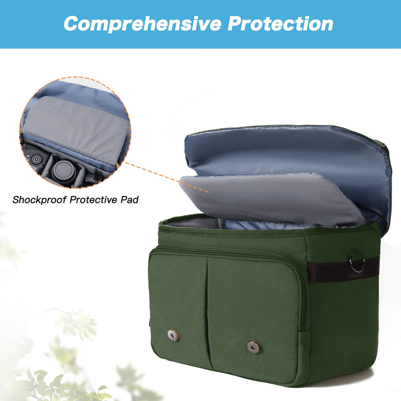 MOSISO Camera Case Crossbody Shoulder Messenger Photography Bag, Army Green | DSLR/SLR/Mirrorless Vintage PU Leather Flap Gadget Bag with Rain Cover Compatible with Canon/Nikon/Sony Camera and Lens