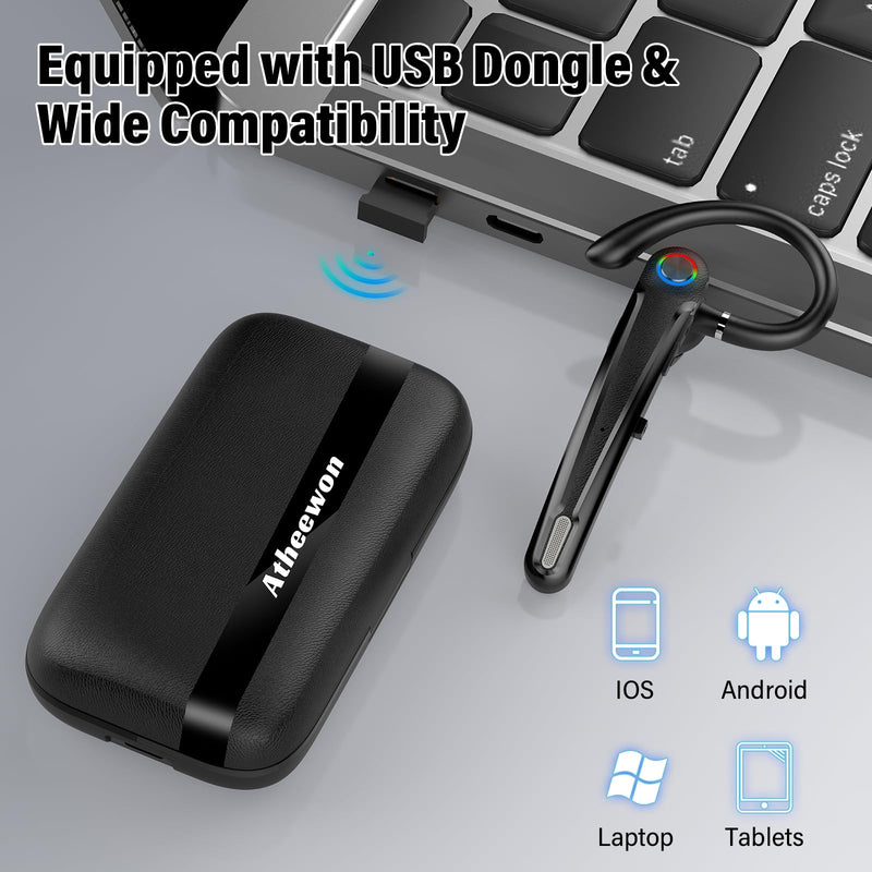 Atheewon Bluetooth Headset V5.4, Wireless Bluetooth Earpiece with Dual Mic Noise Cancelling, 115H Playtime Computer Headset Hand Free Headphones for Trucker, Driver, Home, Work, Business Black