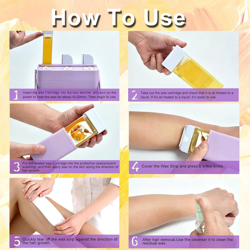 Roll On Wax Kit Warmer 3 IN 1 Waxing Kit for Hair Removal, Triple Roll-On Wax with 3 Honey Wax Cartridge Wax Roller Refill for Legs Arms and Underarm, Upgrade Heating System-Just 13 Mins Fast 300 ml (Pack of 1) Purple
