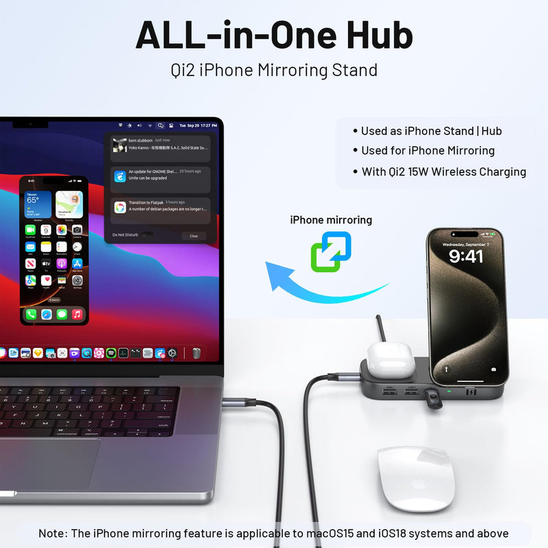 Selore USB C Hub with Wireless Charging for MacBook: 4K@60Hz HDMI, 100W PD, 15W Qi2 + 5W Wireless, 10Gbps Ports, iPhone Mirroring Docking Station & Magsafe Stand, Space-Saving Desk Organizer(Black) Black