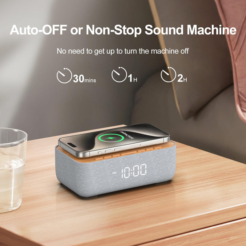 REACHER 15W Fast Magnetic Wireless Charging Alarm Clock with White Noise Machine, Woodgrain Style, 20 High‑Fidelity Sounds, Gradual Wake & Snooze, 0–100% Dimmable Digital Clock, Bedroom & Office Wood Grain