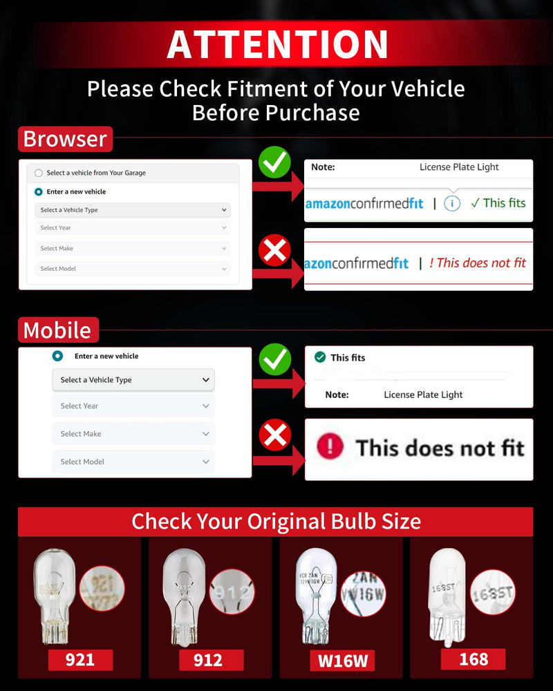 LASFIT 921 LED Bulb Reverse Light, 912 T15 6000K White Canbus Error Free W16W 906 904 Backup Replacement Cargo Lights For Car/Trunk, 300% Super Bright, Pack of 2 921/912/T15