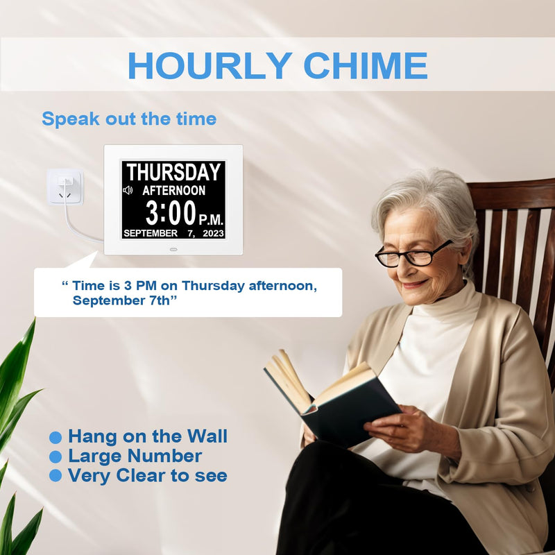 【New 2026】 Digital Calendar Alarm Day Clock - with 8" Large Screen Display, am pm, Multiple Alarms, for Impaired Vision People, The Aged Seniors, The Dementia, for Desk, Wall Mounted, White 8''