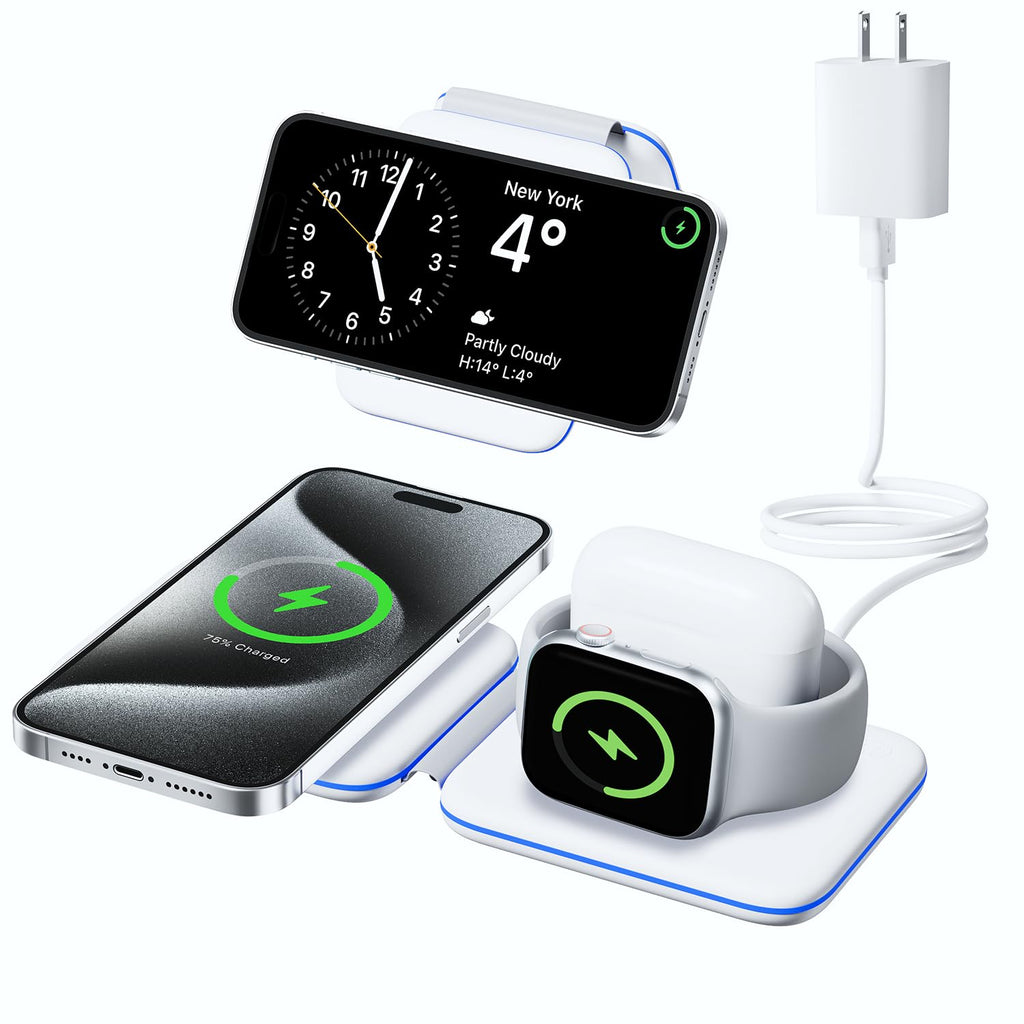 Charging Station for Apple Multiple Devices, 3 in 1 Magnetic Wireless Charger Dock for iPhone 15/14/13/12/Pro/Plus/Max, Travel Charger for Apple Watch 9/8/Ultra 2/7/6/SE/5/4/3 & AirPods 1/2/3/Pro White