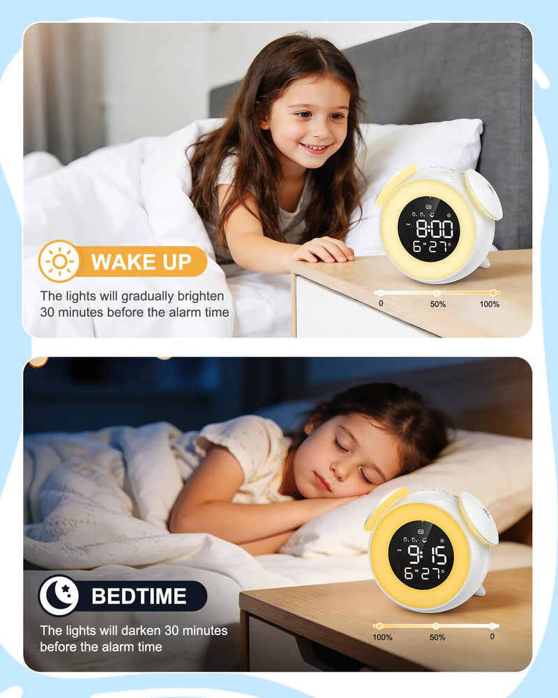 Kids Alarm Clock, Toddler Sleep Training Clock, OK to Wake Alarm Clock with 9 Colors Night Light, 7 Soothing Sounds, Dual Alarms, Birthday Gift for Boy Girls Children