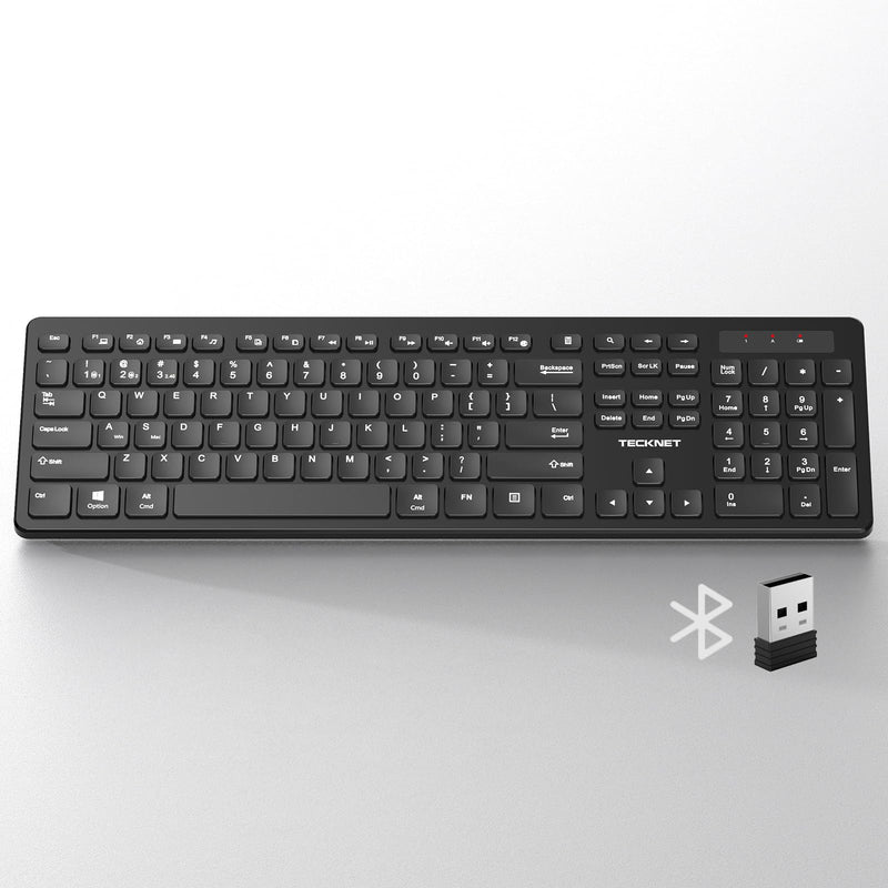 TECKNET Wireless Keyboards Full Size, Bluetooth+2.4G USB for Windows, Black | External Cordless Computer Keyboard with Number Pad, Multi Device for PC, Desktop, Laptop, Chromebook, AAA Battery Operated