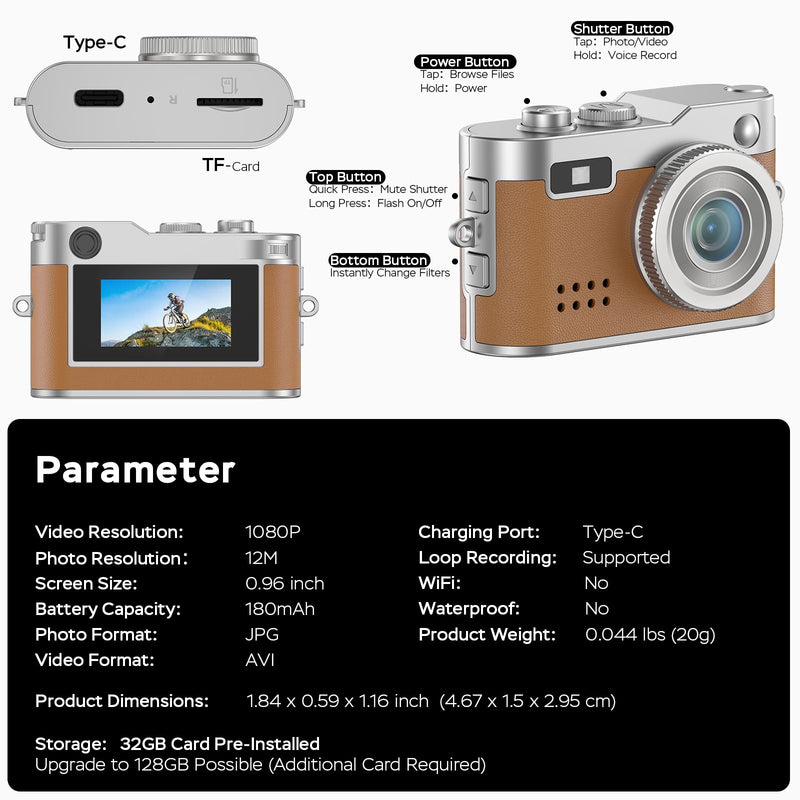 Mini Retro Camera with 1080P Video, 12MP Photos, Keychain Digital Camera, Ultra-Compact Tiny Camera with 32GB SD Card, OTG Adapter, Vintage Little Cameras for Travel, Daily Vlogging (Brown) Brown