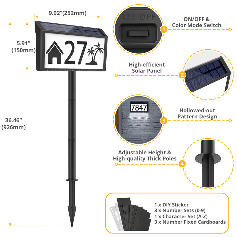 MAXvolador Solar Powered Address Sign House Numbers Waterproof, 3-Color Lighting Modes LED Illuminated Address Plaque with Stakes, Outdoor Address Number 1