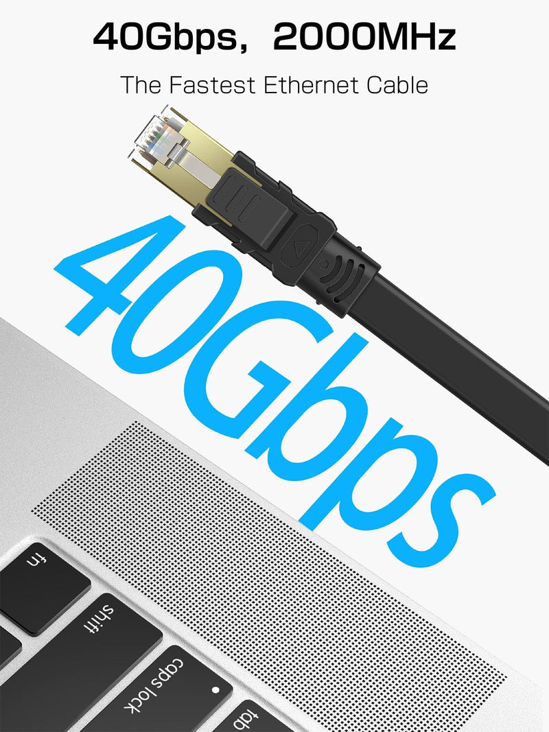 Senetem Cat 8 Ethernet Cable 100FT, High Speed 40Gbps 2000Mhz Flat Internet Network Patch Cord, RJ45 Shielded Outdoor&Indoor LAN Cable, Compatible for Gaming, PC, PS5/4/3, Xbox, Modem, Router Black 1