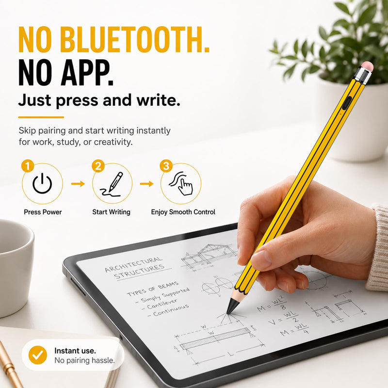 HATOKU Pencil Style Stylus Pen for Apple iPad 2018-2026, No Bluetooth Setup | 18-min Fast Charge for Notes, Sketching, and Class Tasks, Rubber End for Touchscreen Device, Tilt Sensitivity, Palm Rejection yellow black
