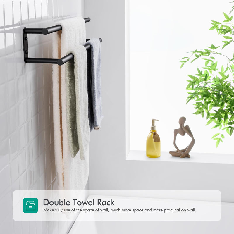 BAGNOLUX Double Towel Bar, SUS304 Towel Racks for Bathroom Wall Mounted 2-Tiers Ladder Towel Rails, Space Saving Bathroom Towel Holder Shelves Rack, Long Towel Hanger (16“-Round-Matte Black) 16“-round-matte Black