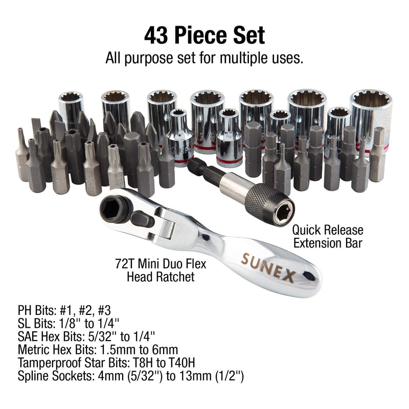 SUNEX TOOLS 9732 44Pc 1/4" Dr Mini Dual Flex Head RATCHET W Socket & Bit Set 44 Piece 1/4" Drive Socket, Mini Dual Head Ratchet