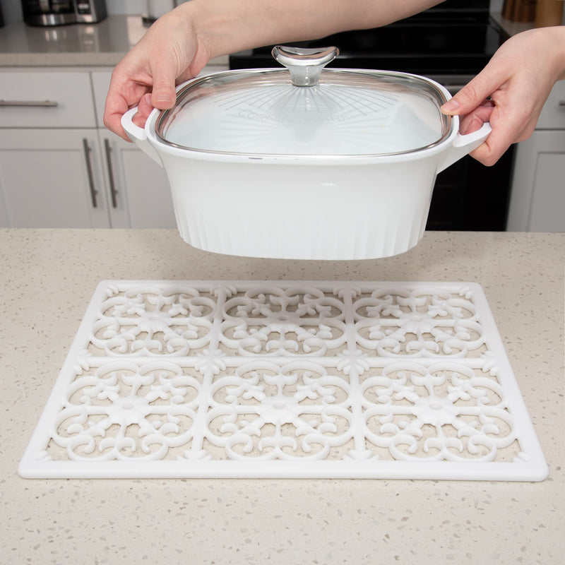 GASARE, Extra Large, Thick, Silicone Trivet for Hot Dishes, Pots, and Pans, Heat Resistant Mat for Countertop, Hot Pad for Kitchen, Easy to Clean, 16 x 12 x 3/8 Inches, White 16 x 12 Inches