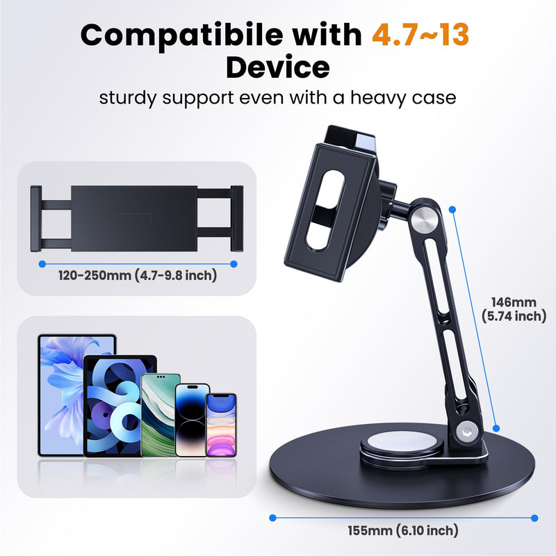 CreaDream iPad Stand, Aluminum Tablet Holder Swivel Stand for Desktop | Adjustable with 360° Rotating Base, Compatible with 4.7''-13" Tablets, Phone, iPad Pro/Air/Mini, Galaxy Tab, Surface Pro Short-One Arm for Desk