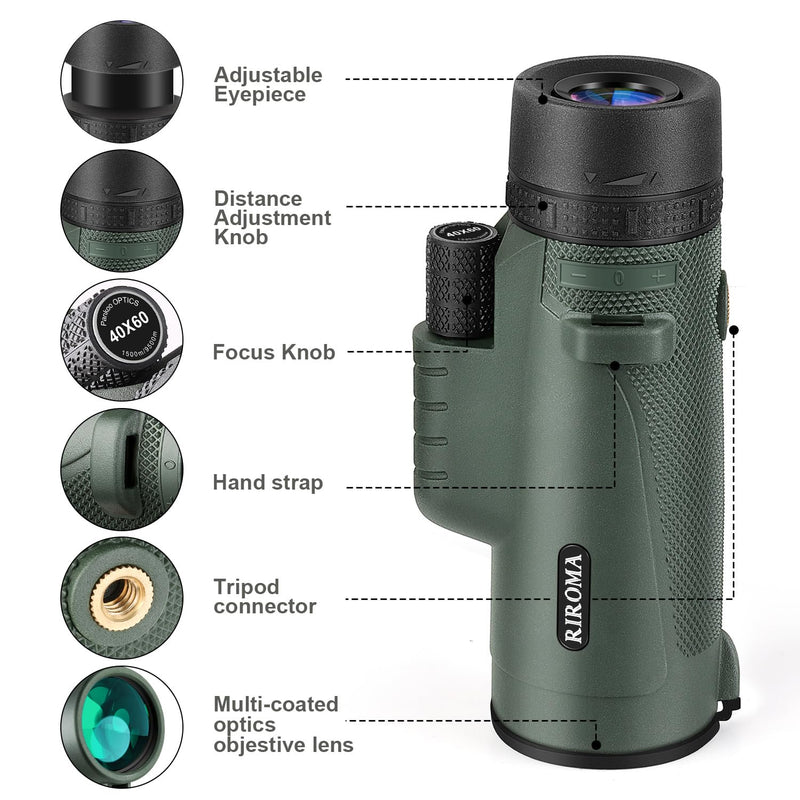 40X60 Monocular Telescope with Smartphone Holder & Tripod, Power Prism Compact Monoculars for Adults Kids, HD Monocular Scope for Bird Watching Hiking Concert Travelling Green