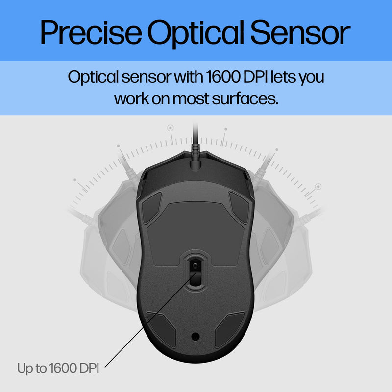 HP Wired Mouse 100 - Precise Optical Sensor with 1600 DPI - Easy USB Connection - Ambidextrous Design - 3 Button Control & Built-in Scrolling - Multi-OS Compatible (6VY96AA#ABL) New