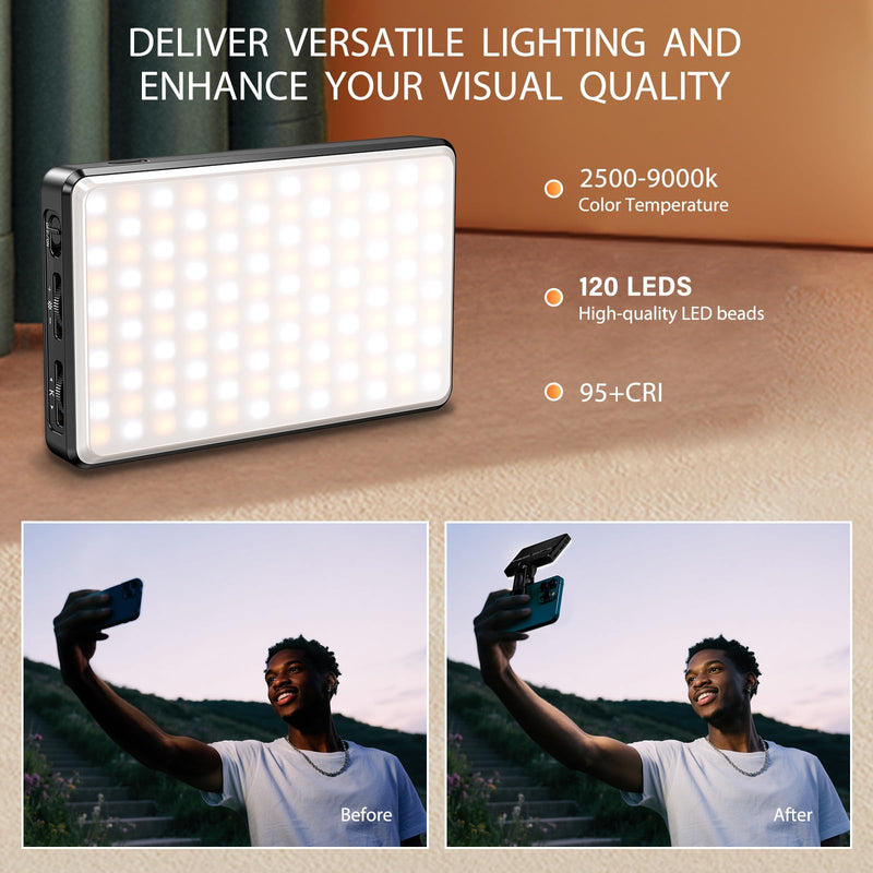 120 LED Video Light, Portable USB Photo Light Dimmable 2500-9000K CRI 95+ 5000mAh Battery with Tripod and Clip, Photo Lamp for Phone/iPad/Laptop/Camera ST120