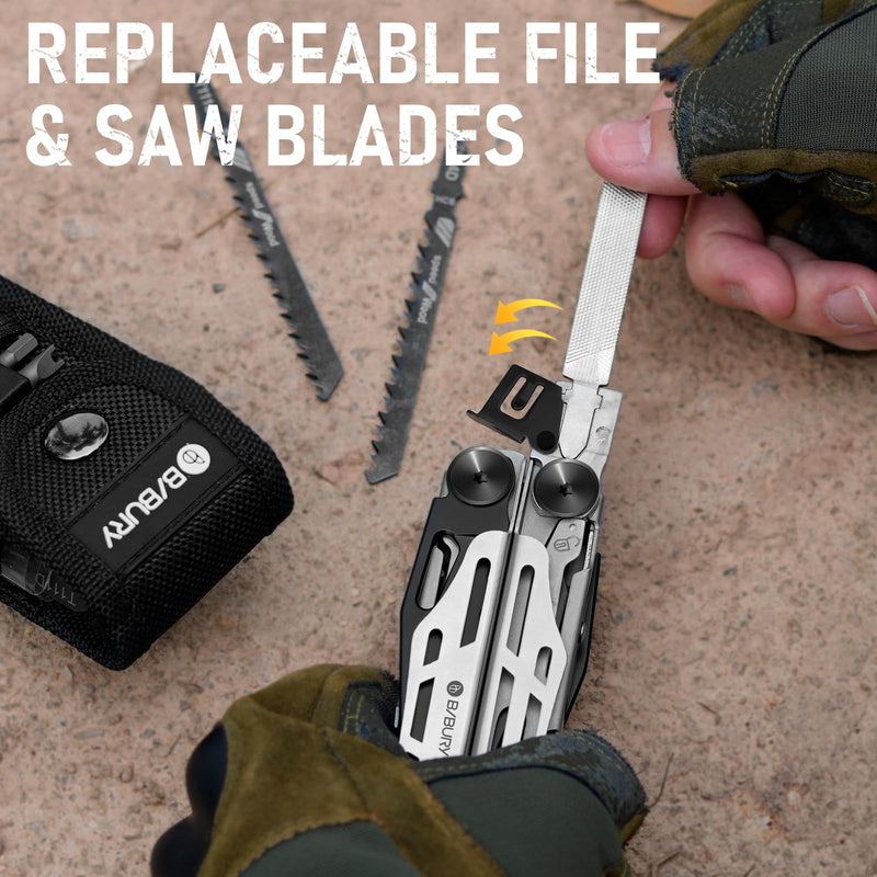 BIBURY Multitool Pliers Pro BI2045, Foldable Multitools with Replaceable Wire Cutters and Saw, Stainless Steel Multi Tool w/Upgraded Scissors and Screwdriver Set, Ideal for Camping, Hiking, Survival Black