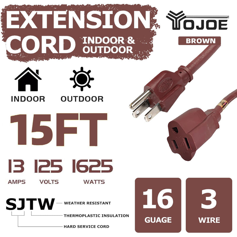 YOJOE Indoor Outdoor Extension Cord, 3 Prong 13A Weatherproof Power Cord, 16 Gauge Heavy Duty 15 ft Brown Extension Cord for Garage, Garden and Home, 16/3 SJTW UL Certified 15 Foot 16/3 Standard