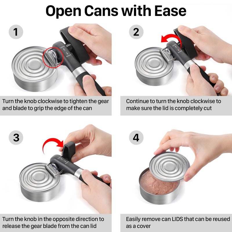 Can Opener, Safe Side Cut Manual Can Opener with Durable Sharp Blade, Smooth Edge Cutting, Effortless Big Knob, Comfortable Grip Handle, Black