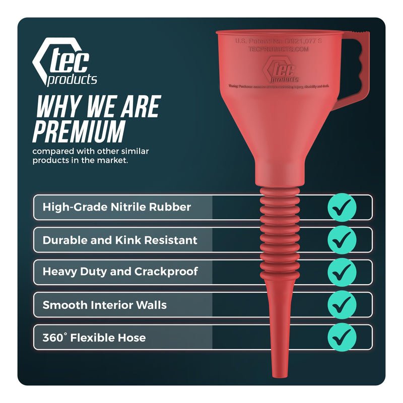 FlexAll Funnel - Long Flexible Funnel with Hose for Automotive Use - Nitrile Rubber Funnel with Handle for Oil Change and Transmission Fluid - Gas, Diesel, Oil Funnel for Cars Red Large