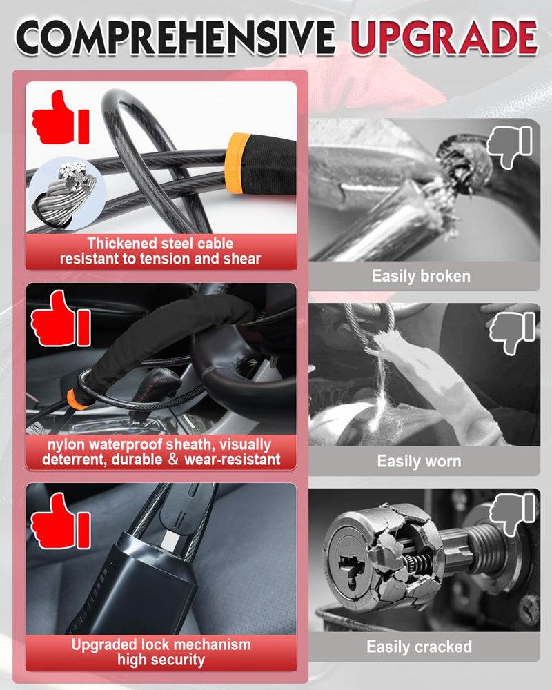 Steering Wheel Lock Anti-Theft Device, Adjustable Car Security Lock with Seat Belt Design, 10 mm Braided Steel Cable, Universal Fit for Cars, SUVs, Trucks, Vans Black