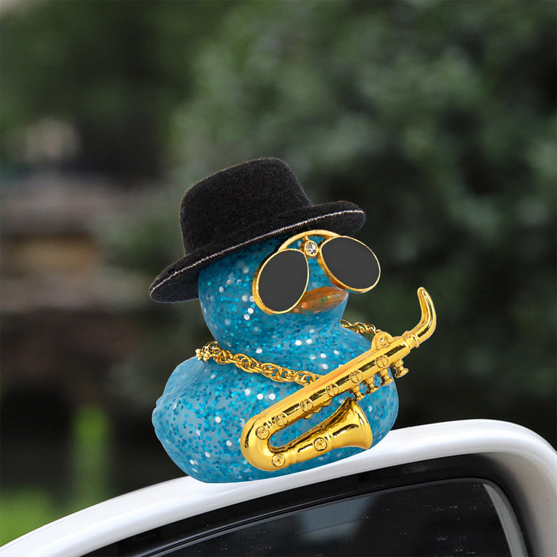 wonuu Car Dashboard Ducks, Saxophone Decor Rubber Duck Car Ornaments with Mini Top Hat Necklace Sunglasses (Light Blue) Glitter Light Blue