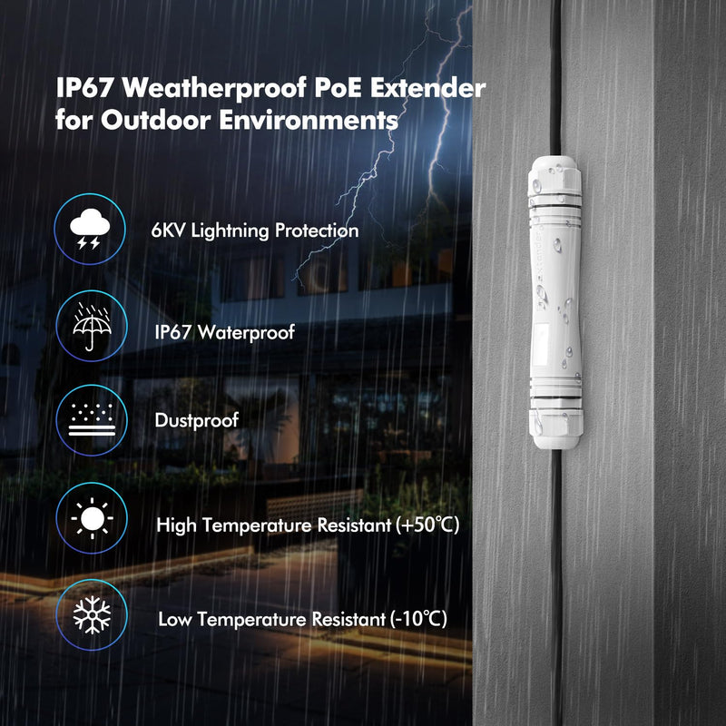 MokerLink Outdoor 2 Port Gigabit PoE Extender, IEEE 802.3 af/at Repeater 30W, 10/100/1000Mbps, 1 In 1 Out, Wall Mount IP67 Waterproof Passthrough Switch 1000M Outdoor 2 Port