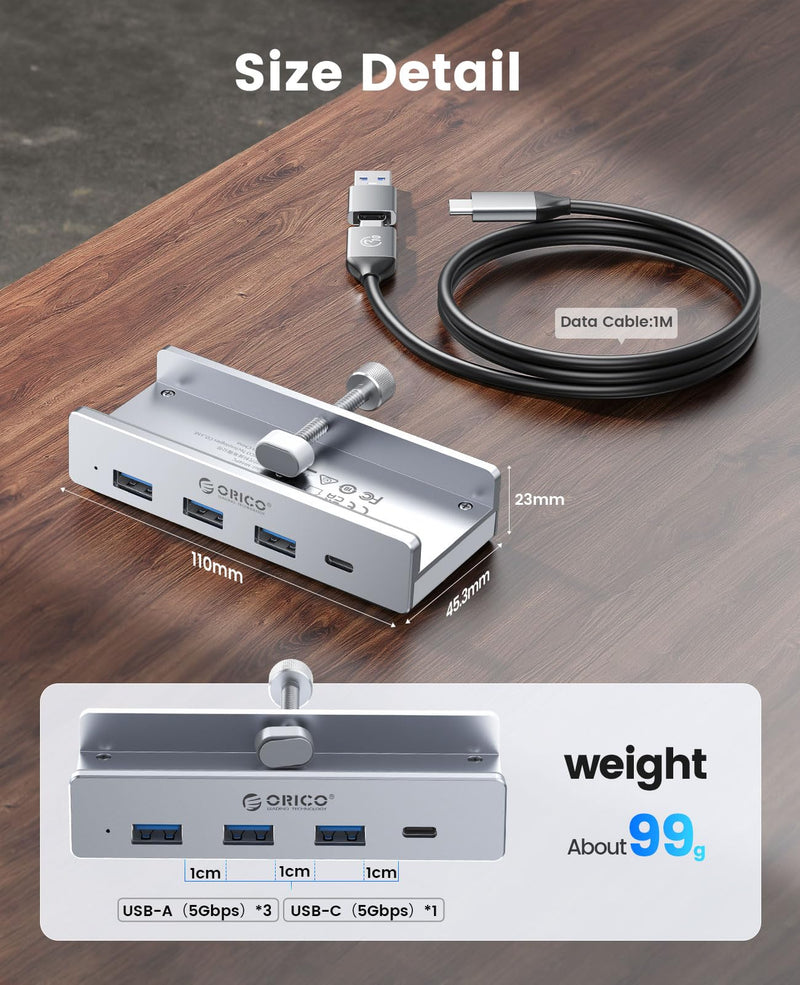 ORICO USB Hub 3.0, Clamp USB Hub with Extra Power Port, Aluminum 4-Port USB Adapter with 3 USB-A Data Ports, USB-C Port for Monitors, Desks(Silver) Silver