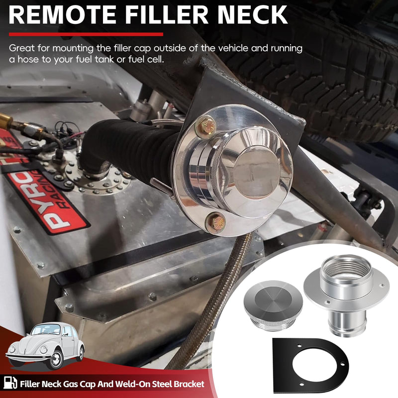 17-2530 Billet Aluminum Remote Fuel Tank Filler Neck, Gas Cap and Weld-On Steel Bracket, fits 2-inch Filler Hose, 2.00 Inch Remote Fuel Cell Filler - Straight Neck