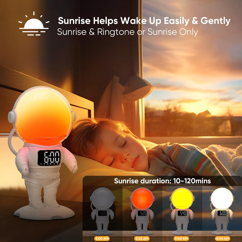 Astronaut Sunrise Alarm Clock for Kids, White Noise Sound Machine with 30 Soothing Sounds, 22 Dimmable Nightlights, Bluetooth Speaker, Dual Digital Alarm Clocks, Wake Up Light for Bedroom, Adults White+remote Control