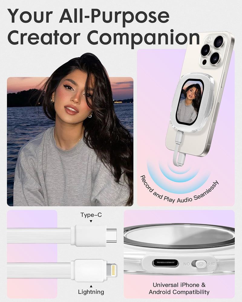 Yatao Mini Selfie Monitor Screen for iPhone, Plug & Play with Mirror | Magnetic Back Camera Monitor for TikTok & YouTube, Snap Selfie Vlog Photo & Video Kit, Battery-Free, White