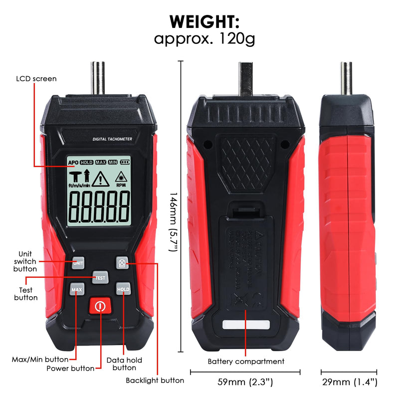 Digital 2-in-1 Tachometer Noncontact Laser Photo Sensor 3~99999RPM and Contact 3~19999RPM Meter RPM Gauge Tester Professional MAX/MIN/Hold Data, Handheld Car Engine Tool