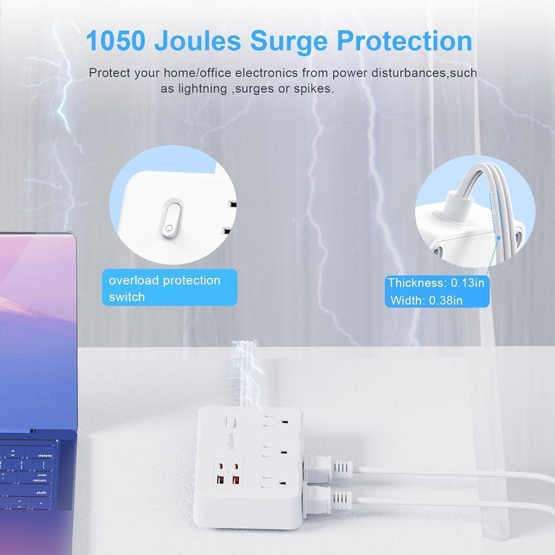 Power Strip Surge Protector, 5 Ft Cord Ultra Thin Flat Extension Cord-6 AC Outlets 4 USB Ports (2 USB C), Travel Power Strip, Desk Charging Station for Home Office, White 5FT