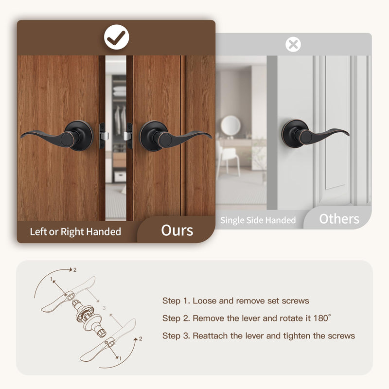 Moquin Wave Design Passage Door Lever Without Keys and Lock, Reversible Door Handle for Right/Left Side Closet/Hallway Door Lock in Oil-Rubbed Bronze (Red Margin) Finish Passage-NO Lock & NO Key