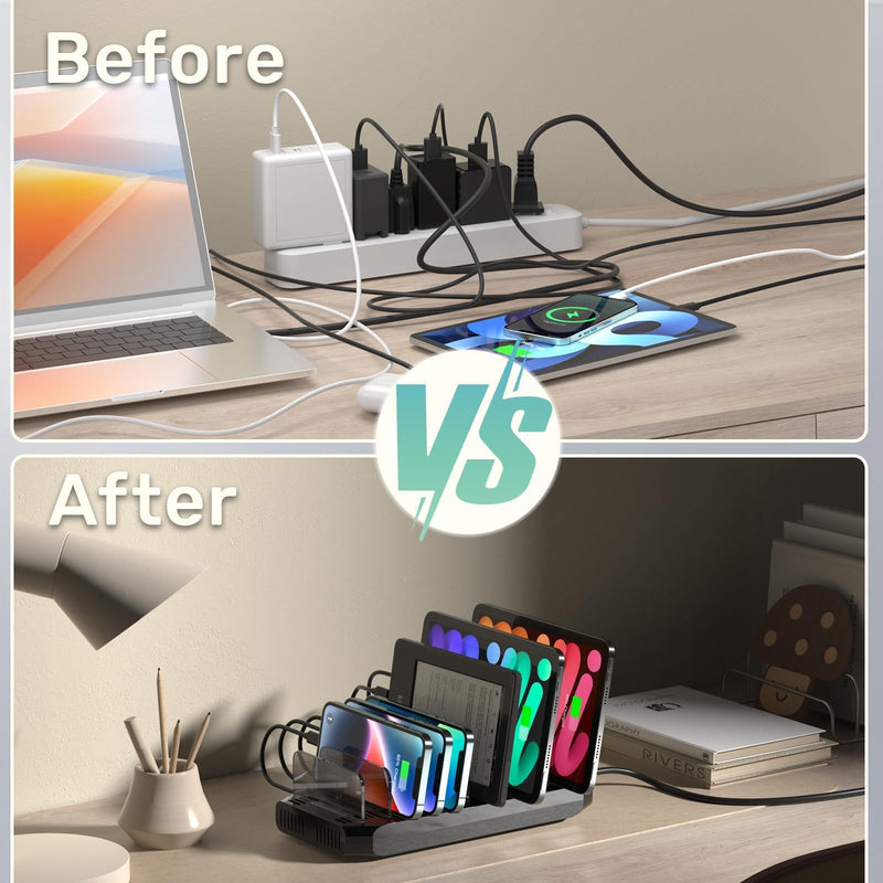 Multi USB Charging Station for Multiple Devices, 60W 10 Ports Multi Charger Station with QC3.0 Port & Adjustable Dividers Compatible with Tablets, Smartphones Black