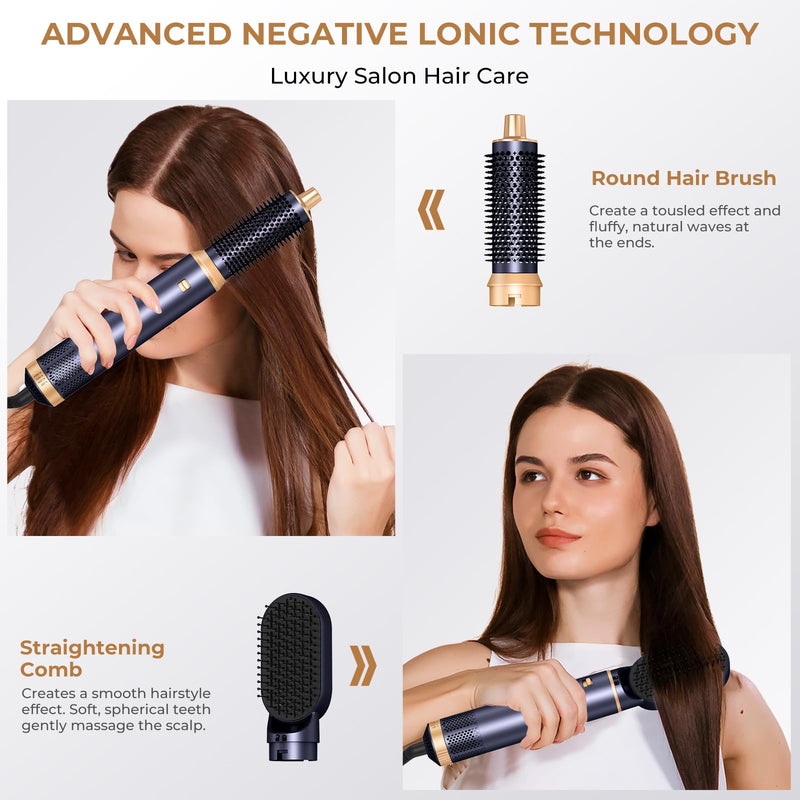 UKLISS Air Styler 5 in 1 Hair Styler Set 1000W Airbrush Hair Styler - Blue | with Hot Air Styler, Hair Dryer Brush, Hair Dryer Curler, Volumizer, Round Brush, Air Stylers for Women