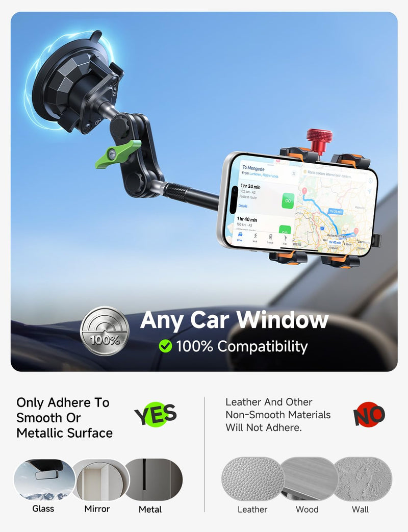 MAGIC JOHN Metal Car Phone Holder 360° Rotation Suction Mount Windshield | All-Metal Build With Enhanced Suction Cup, Adjustable Clamp Arms, Compatible With iPhone Samsung & All Smartphones