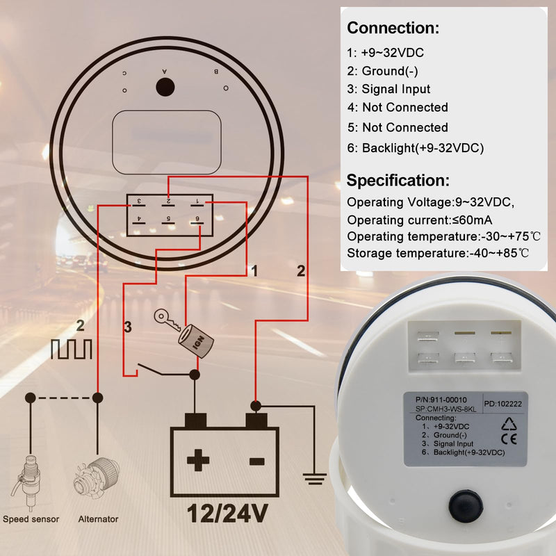 Geloo 85mm Boat Tachometer Gauge Marine RPM Tachometer Outboard Tachometer 0-8000 RPM Tacho Meter with Hour Meter RED Blacklight for Diesel Engine Car Truck Tachometer 8000RPM 12V 24V White & Silver