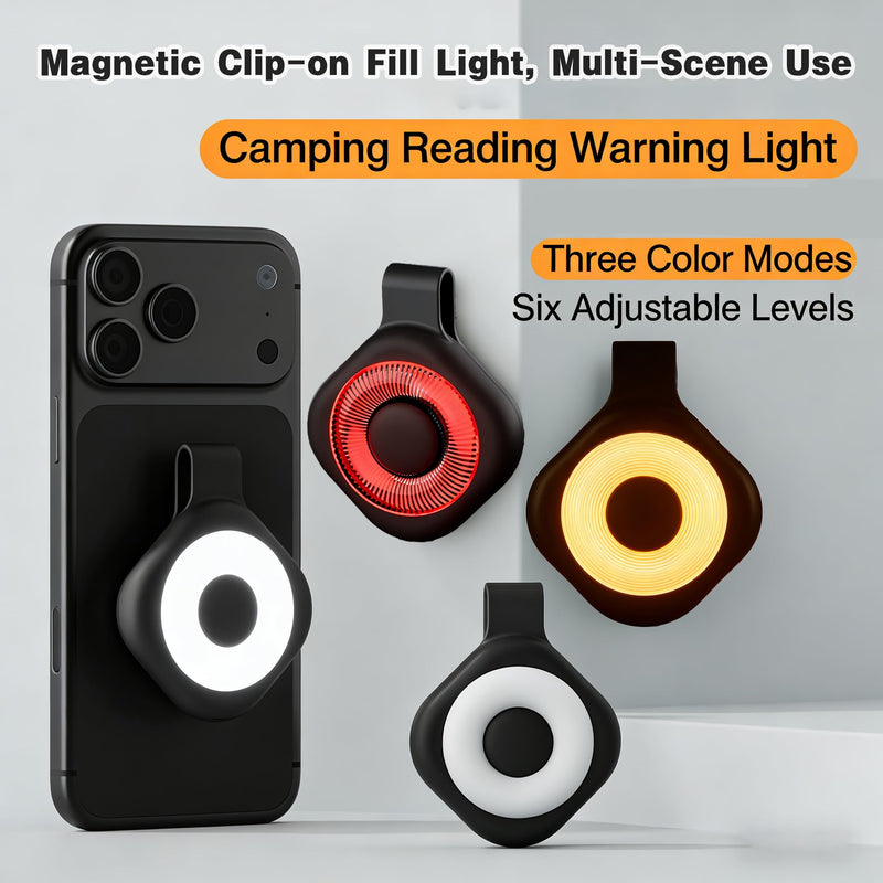 Magnetic Clip-on Fill Light, 3 Color 6 Level Dimmable LED Night Light, Magnetic Phone Fill Light for Camping, Reading, Running, Safety Warning