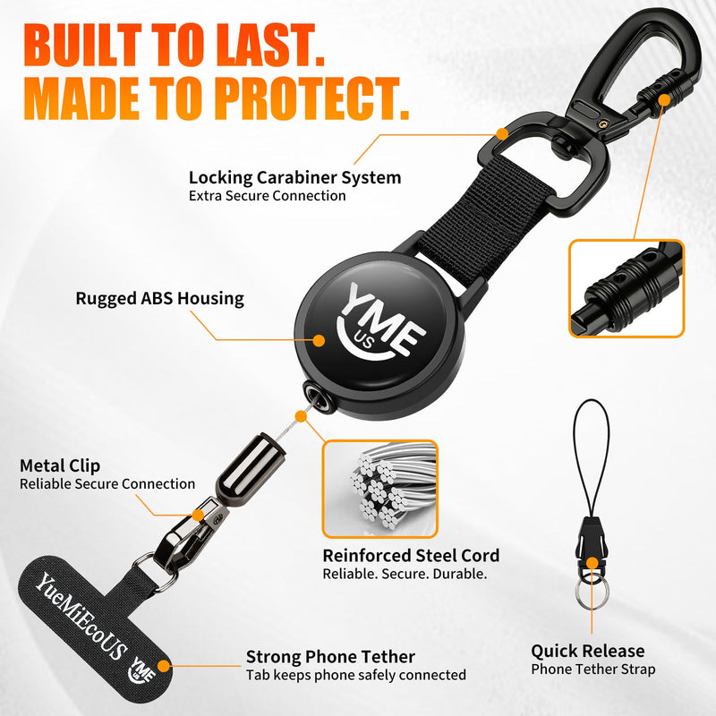 Anti-Theft Retractable Phone Lanyard and Phone Tether, 1 Pack | Triangle locking carabiner, phone strap and universal anchor with 28 in steel cord for travel, hiking, skiing and outdoor use Triangle Black 1