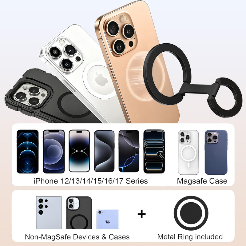 Magnetic Phone Ring for MagSafe Dual-Sided Magnetic Phone Grip Magnet Phone Stand Grip Compatible with iPhone 17/16/15/14/13 Pro Max Plus Mag Safe Accessory for Car Mounts Black