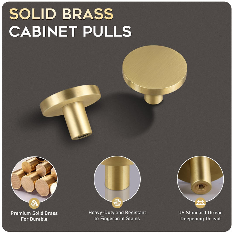 Yiking Soild Brass Brushed Gold Cabinet Knobs - Heavy Duty Real Brass Dresser Knob,Modern Round Gold Closet Door Pulls Small Gold Hardware for Kitchen Bathroom Bedroom Furniture 4pcs 1-5/16in 4pcs 1-5/16"(33mm)