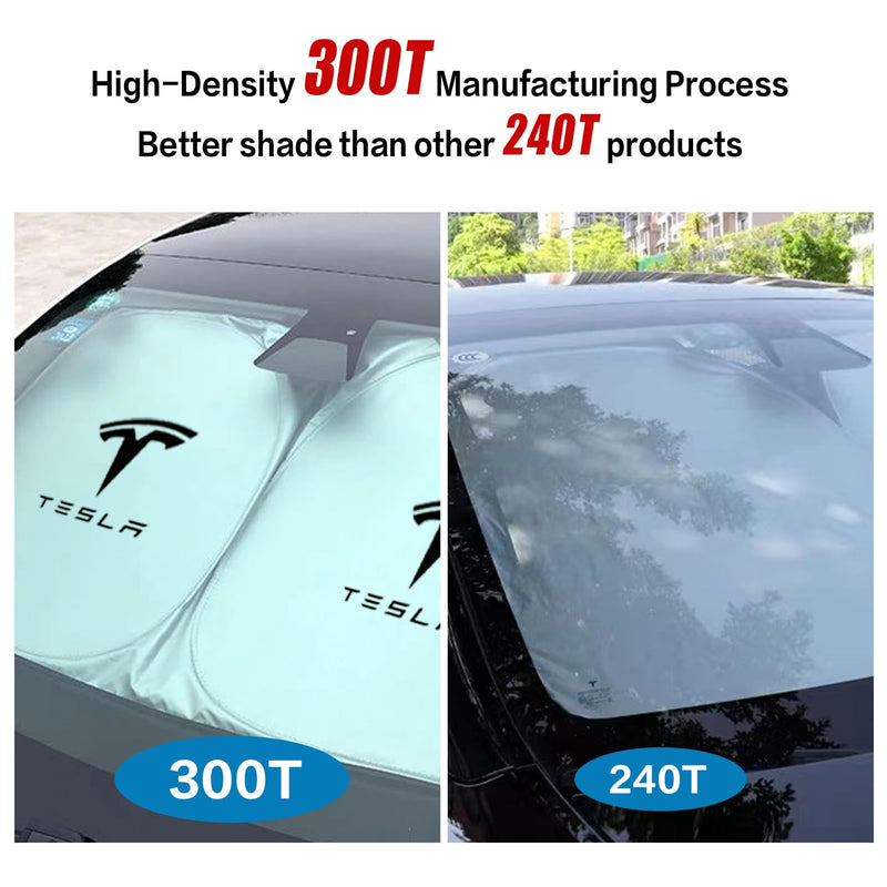 300T Sunshade for Tesla Model Y Model 3, Car Accessories 2025 for Tesla, Front Window Sunshade with Organizer Bag, Gifts for Tesla Owners (Black) Black