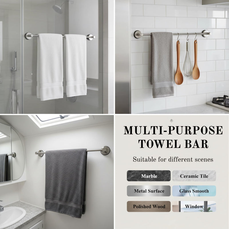 Suction Cup Towel Bar 17-28 Inch Adjustable Retractable Stainless Steel Towel Rack for Bathroom, RV & Renters - No Drill Heavy Duty Wall Mounted Holder, Removable for Glass & Tile (1, Silver) 1