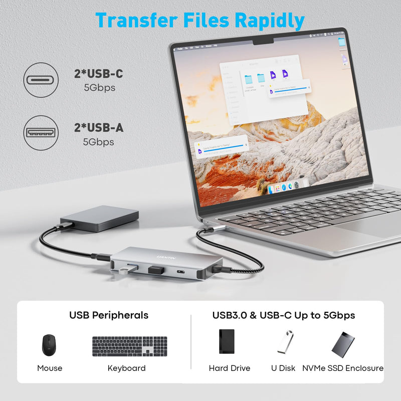 UANTIN USB C Docking Station Dual Monitor, Laptop Docking Station 3 Monitor | 8 in 1 USBC Hub Triple Display USB C Adapter to 4K@60Hz Dual HDMI, DP, 2 USBA & USBC, 100W PD, for Dell,HP 11.8inch