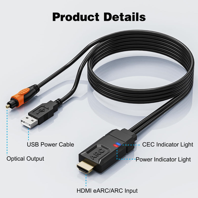192KHz HDMI eARC/ARC to Optical Audio Converter | 1.8m/5.9ft HDMI eARC/ARC to Optical Cable, Support PCM2.0, Dolby 5.1, DTS, AC3, for TV to Soundbar Amplifier Speaker