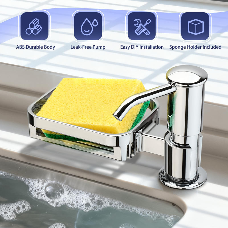 Kitchen Sink Soap Dispenser with 40" Extension Tube – Built-in Sponge Holder, Leak-Proof ABS Pump, No Messy Refills, Under-Sink Bottle Connection Kit for Dish Soap, Hand Soap & Lotion (Brushed Nickel)